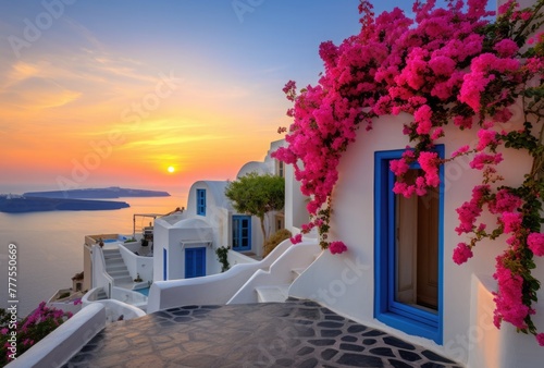 White architecture on Santorini island, Greece. Beautiful landscape at sunset.