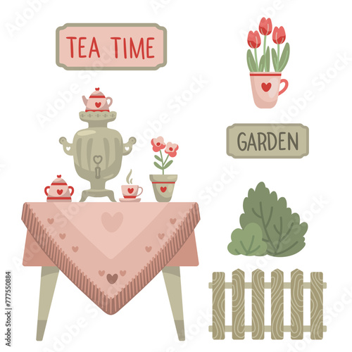 Traditional tea party with samovar at russian garden. Tea time. Vector illustration
