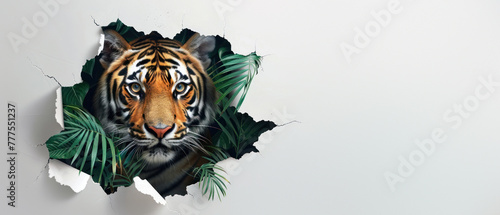 A captivating image showcasing a realistic tiger's head bursting through a white background with a paper tear effect and lush green foliage
