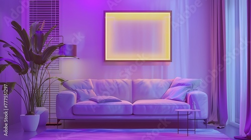 an aesthetically pleasing AI-generated visual of a stylish living room  complete with a purple backdrop  mockup frame  and an isolated sofa attractive look