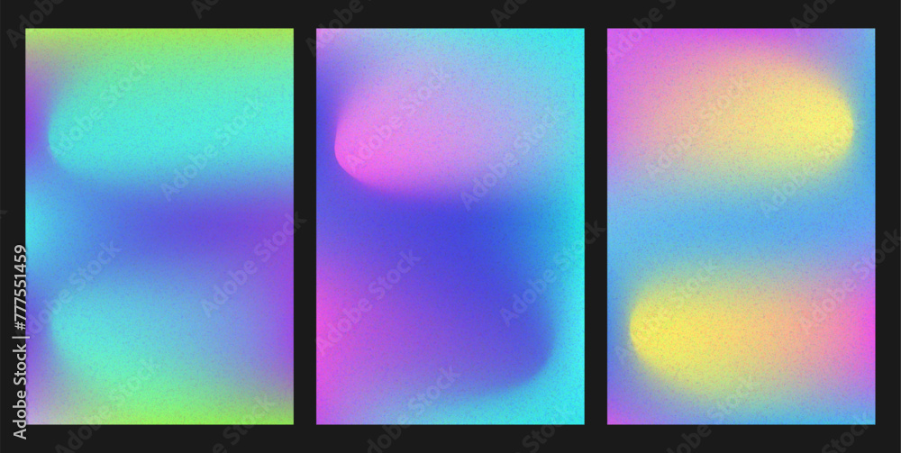 Set of abstract grainy blur background. Vertical posters with textured neon gradient. Backdrop with bright mesh. Vector illustration