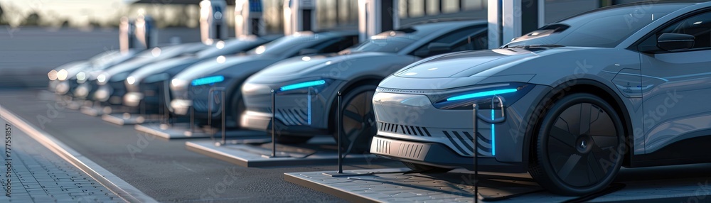Electric autonomous cars lined up at a charging station sponsored by a tech company