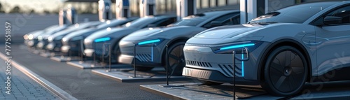 Electric autonomous cars lined up at a charging station sponsored by a tech company
