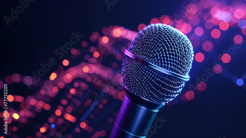 Dynamic microphone with vibrant bokeh lights on a dark stage. Live music and entertainment concept. Studio close-up shot