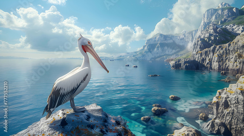 Regal pelican standing tall on a rocky shoreline, framed by rugged cliffs and a serene, azure ocean stretching to the horizon photo