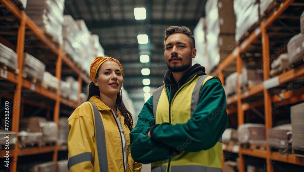 a male and female worker are standing in a warehouse a male and female worker are standing in a warehouse