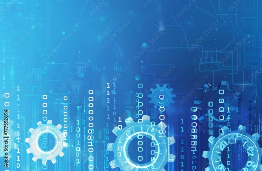 Gears and binary code on a blue background technology themed ...