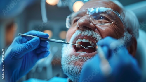 An elderly patient, apprehensive yet resilient, sits in the dental chair, comforted by the dentist's gentle demeanor. Tools gleam, promising relief.
 photo