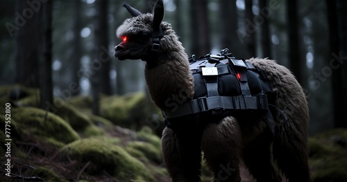 a alpaca in an exoskeleton makes its way through a dark forest looking around with the help of sensors and sensors