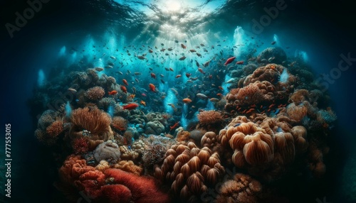 I've created an image that encapsulates a vibrant underwater scene in the Red Sea, featuring a coral reef bustling with marine life and a diver exploring its beauty This scene highlights the diversity © Khajornpong
