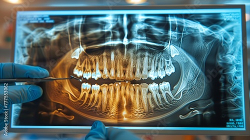 With keen eyes and digital precision, the dentist delves into the panoramic X-ray, deciphering dental health on the screen.
 photo