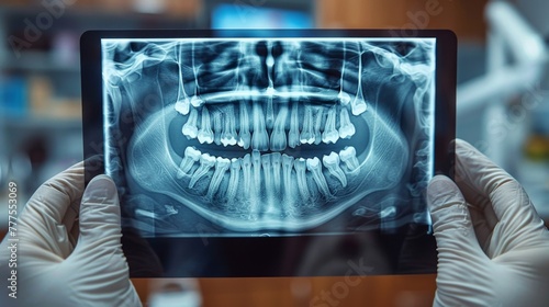 A dentist's skilled hands, clad in gloves, deftly navigate the digital interface, deciphering the dental X-ray's complexities with expert finesse, decoding oral health nuances.
