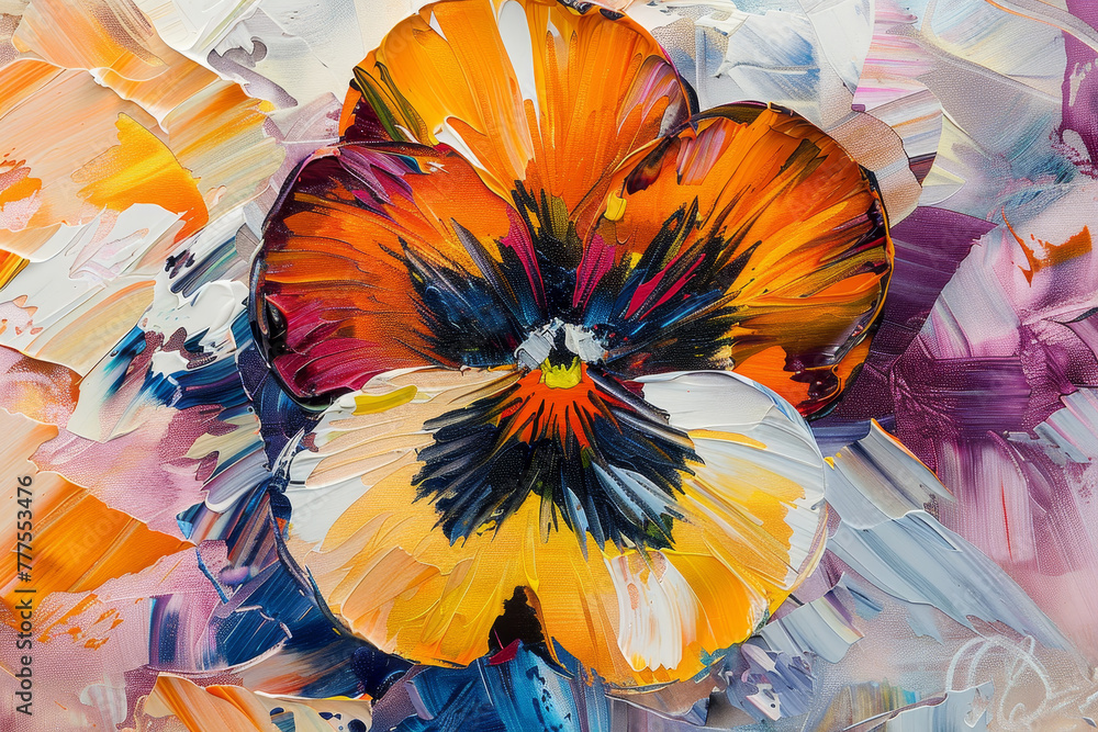 A painting of a flower with a yellow center and blue and purple petals A painting of a flower with a yellow center and blue and purple petals
