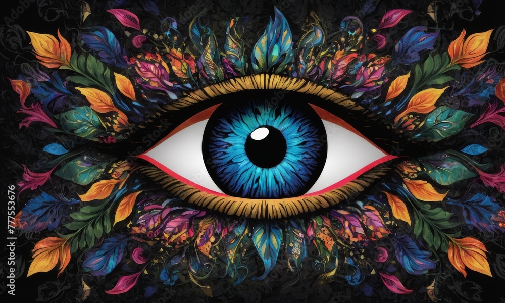 This abstract eye is framed by an explosion of feathers in a kaleidoscopic arrangement, blending dark and vivid tones for a powerful artistic statement AI generation