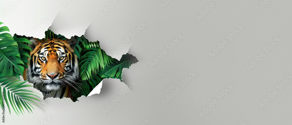 Fototapeta premium A stunning image showing an alert tiger emerging from a torn white paper amidst verdant green leaves