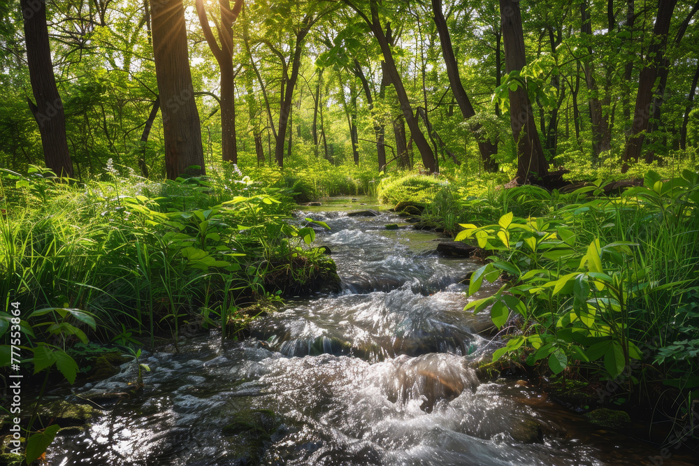A stream of water flows through a lush green forest A stream of water flows through a lush green forest