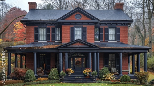 Exterior colonial house styles feature symmetrical facades, prominent pillars, and gabled roofs, evoking timeless elegance and historic charm.
 photo