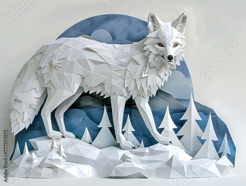 Produce a visually striking die-cut design of an Arctic Fox against a snowy backdrop, incorporating geometric shapes and icy blue hues for a modern and sleek look photo