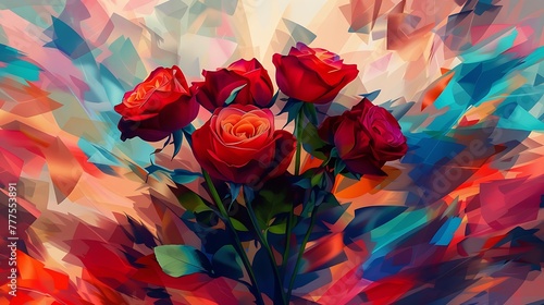 an aesthetically pleasing digital artwork of a cutout red rose bouquet against a backdrop filled with lively and contrasting colors attractive look