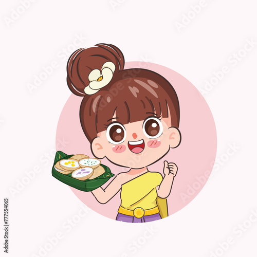 Beautiful Thai woman wearing Thai Traditional dress presenting Kanom Thai dessert with Kanom Krok. Chibi cartoon doodle vector design.