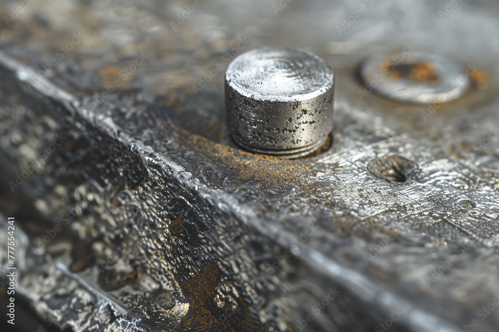 A rusty metal object with a small silver object on top of it A rusty metal object with a small silver object on top of it