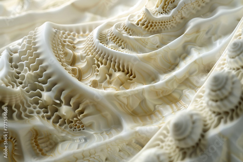 The image is a close up of a white fabric with a pattern of spirals and shells