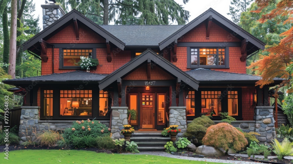 Fototapeta premium Exterior craftsman house styles feature low-pitched roofs, overhanging eaves, tapered columns, and natural materials like wood and stone, blending seamlessly with nature.