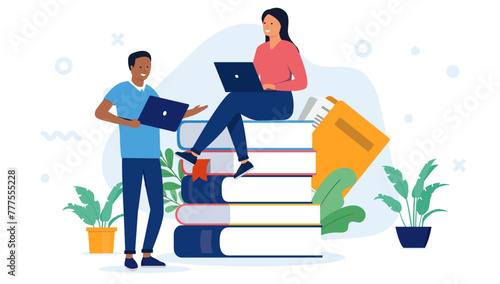 Learning and education - Two students with laptop computers and big stack of school books talking and discussing educational subject. Flat design vector illustration with white background © Knut