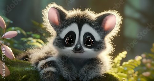 a baby of not real animal that looks like a mix of lemur and raccoon with big yellow eyes and tiny ears and round face and brown color of body and fluffy 