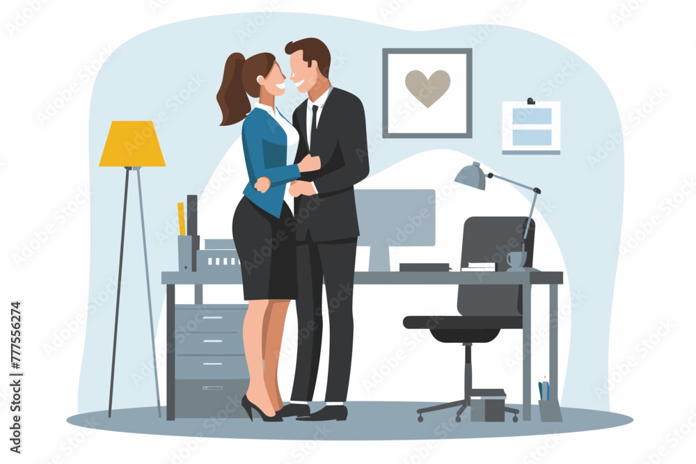 Businessman and businesswoman flirting and dating at work, engaging in office romance and relationship between colleagues