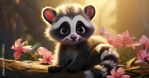 a baby of not real animal that looks like a mix of lemur and raccoon with big yellow eyes and tiny ears and round face and brown color of body and fluffy  photo