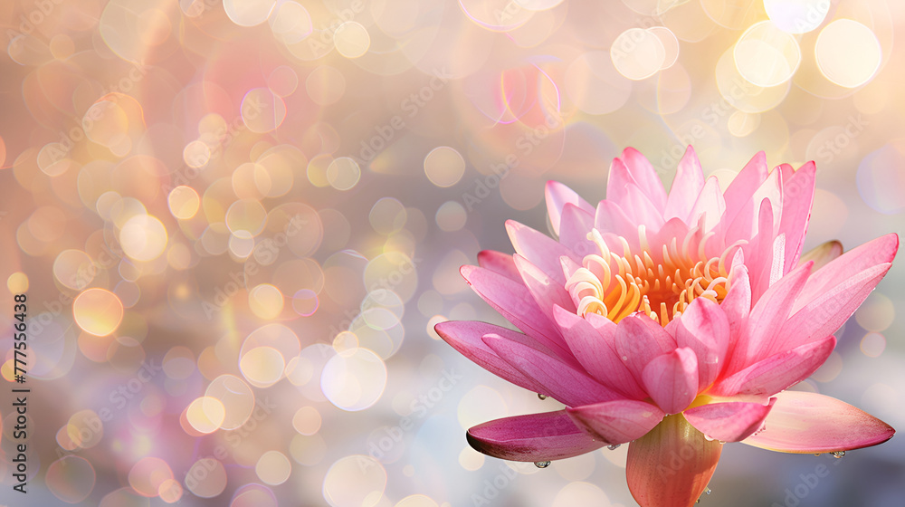 Pink lotus flower on festive background with bokeh, Buddha purnima