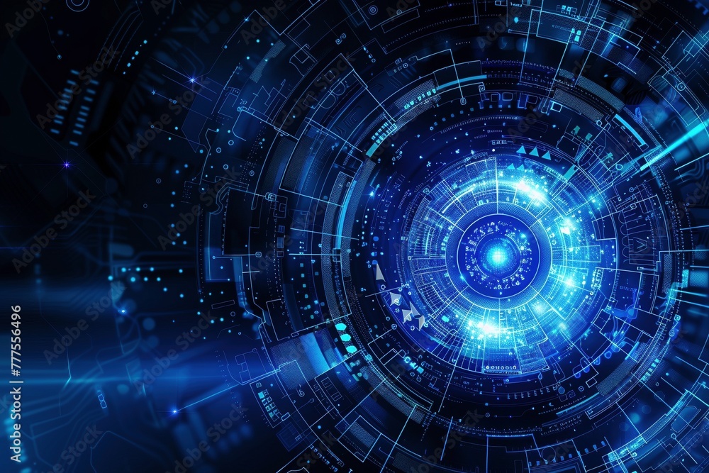 A dark blue vector background with a luminous light beam cutting through, surrounded by futuristic circular elements. A dark blue vector background with a luminous light beam cutting through, surrounded by futuristic circular elements.