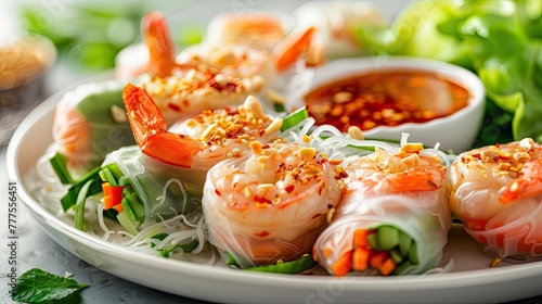 Vietnamese spring rolls with shrimps, rice noodles and vegetables photo