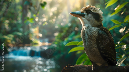 Serene kookaburra gazing into the distance, surrounded by lush foliage, with a tranquil blurred creek flowing gently in the background photo