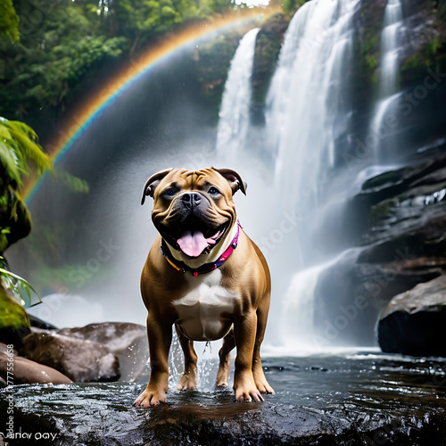 A Cool American Bully standing beside a roaring waterfall with mist rising and rainbows forming in the spray photo