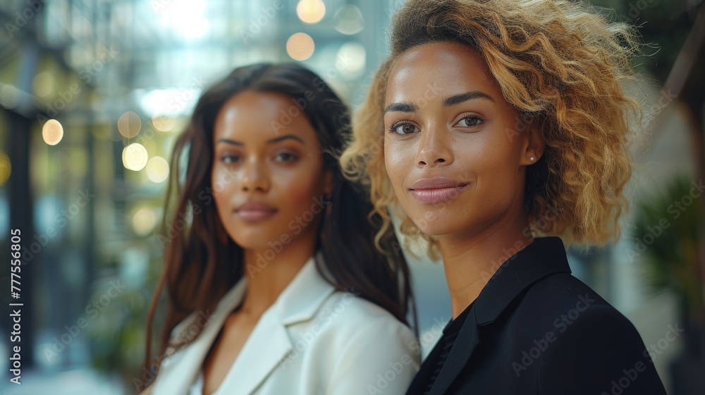 A poised woman in a sleek business suit exudes confidence, commanding attention with her assertive demeanor and professional presence.
