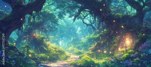 A magical forest with glowing fireflies and moss-covered trees