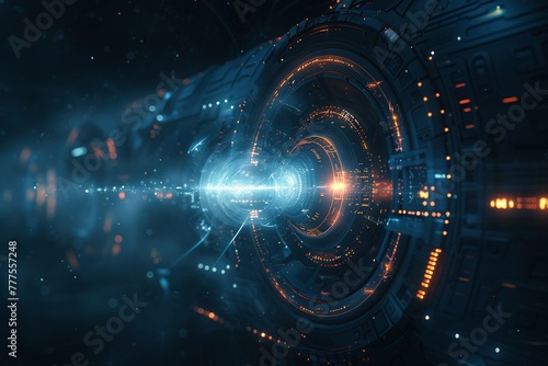 A vibrant, dark blue vector canvas featuring a glowing light beam piercing through a network of sleek, circular elements, reminiscent of sci-fi technology.
