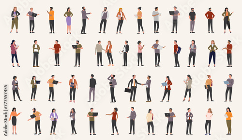 Office businesspeople collection - Large group of diverse business people in various poses at work with computers and devices. Flat design vector illustration set photo