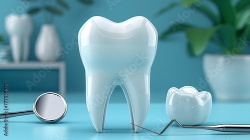 A sleek white tooth adorned with a reflective dental mirror against a serene blue backdrop  embodying dental hygiene and professional care. 