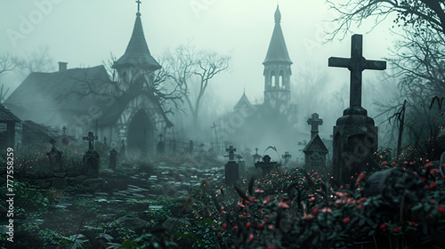 graveyard in the 17th century dark style, Generative Ai