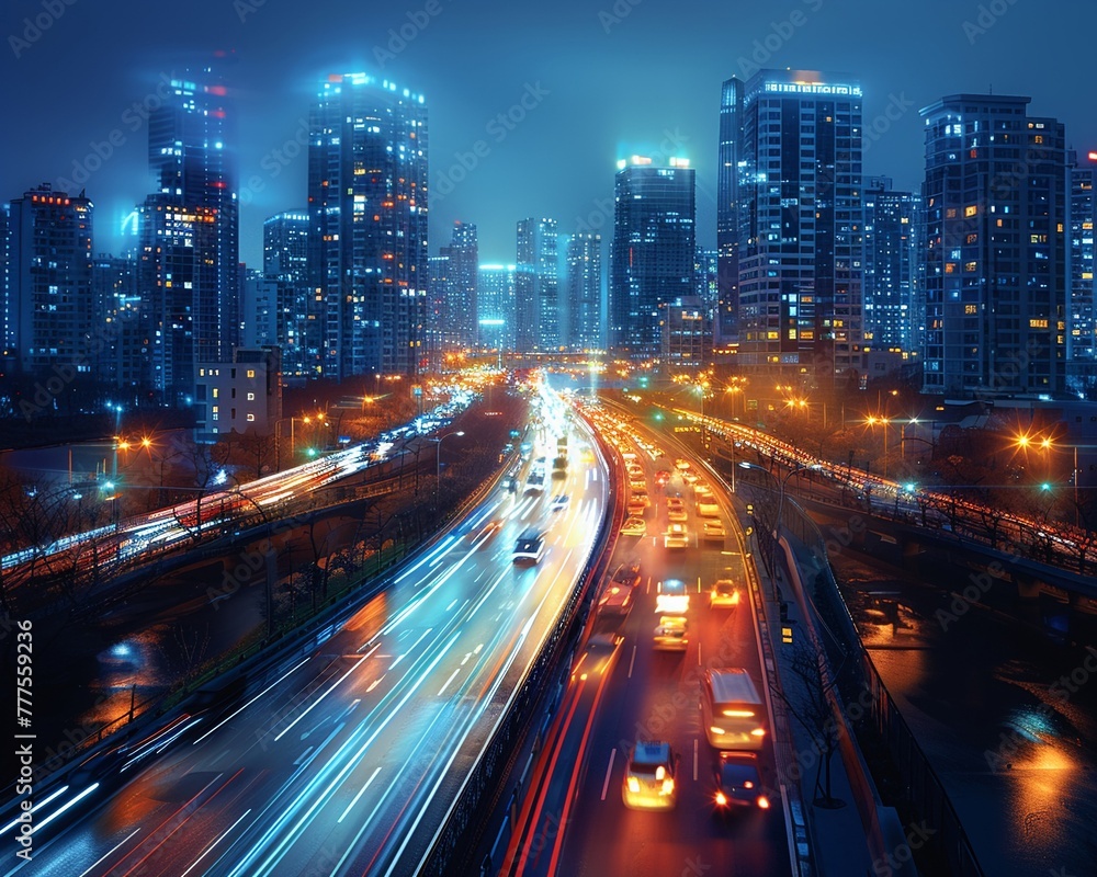 Nighttime City Traffic with Streaks of Headlights and Streetlights Nighttime City Traffic with Streaks of Headlights and Streetlights