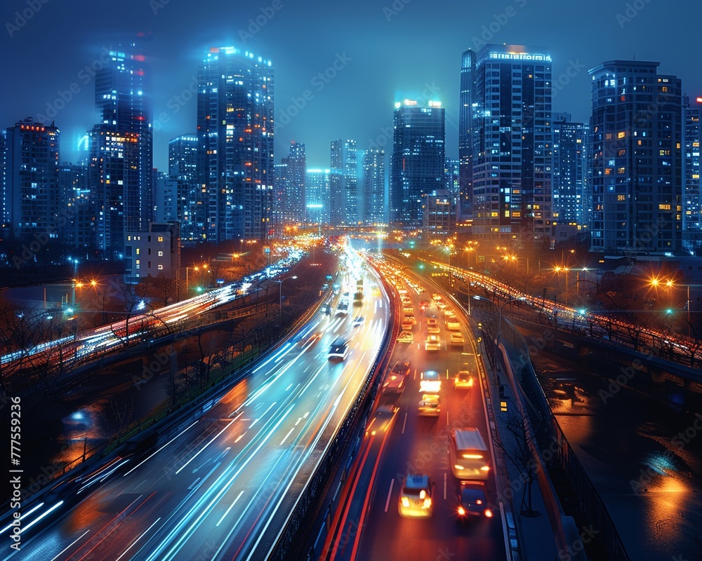 Nighttime City Traffic with Streaks of Headlights and Streetlights