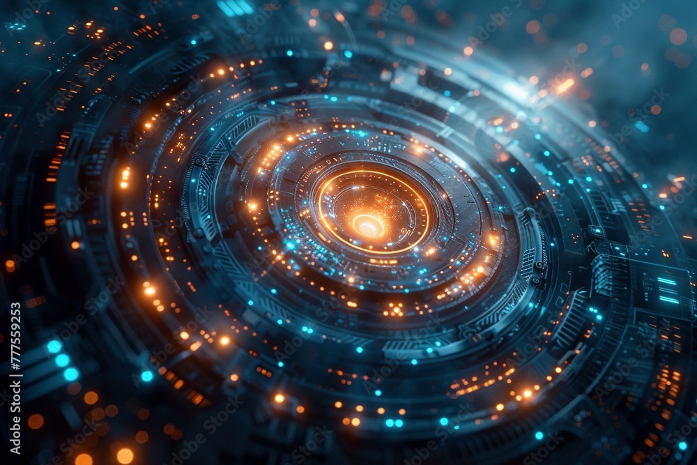 A detailed vector artwork portraying a luminous light beam slicing through a dark blue abyss, interacting with a complex array of futuristic, high-tech circles A detailed vector artwork portraying a luminous light beam slicing through a dark blue abyss, interacting with a complex array of futuristic, high-tech circles