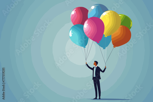 Businessman holding colorful balloons representing business diversification, expansion, risk spreading and exploring new opportunities photo