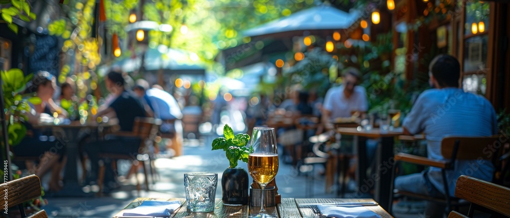 Chic Bistro Patio with Patrons Enjoying Alfresco Dining Chic Bistro Patio with Patrons Enjoying Alfresco Dining