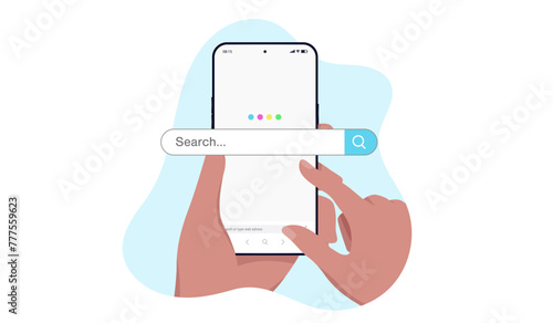 Searching online on mobile phone - Smartphone screen with search engine and hand ready to do a search. Flat design vector illustration graphic with white background © Knut