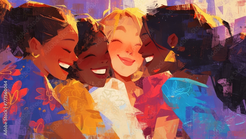 A group of diverse women are smiling and laughing with an abstract purple background. The focus is on their expressions as they share joyful moments 