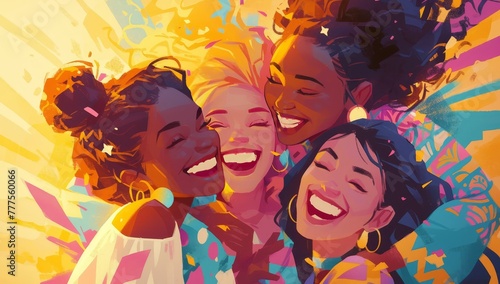 A group of diverse women are smiling and laughing with an abstract purple background. 